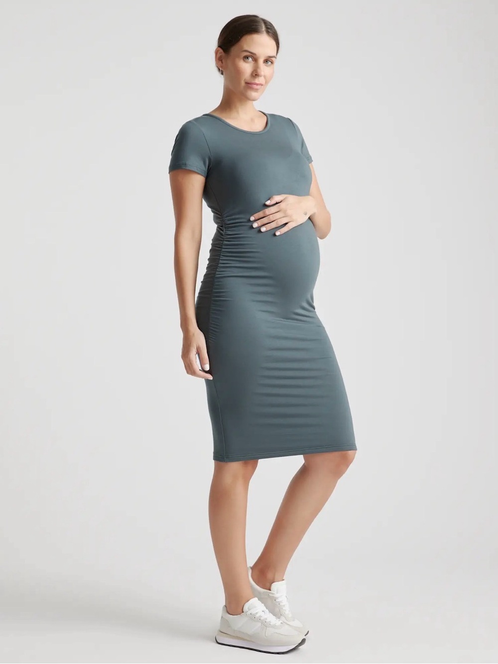 QUINCE • Tencel Jersey Maternity Ruched Dress dark olive - Small short sleeve